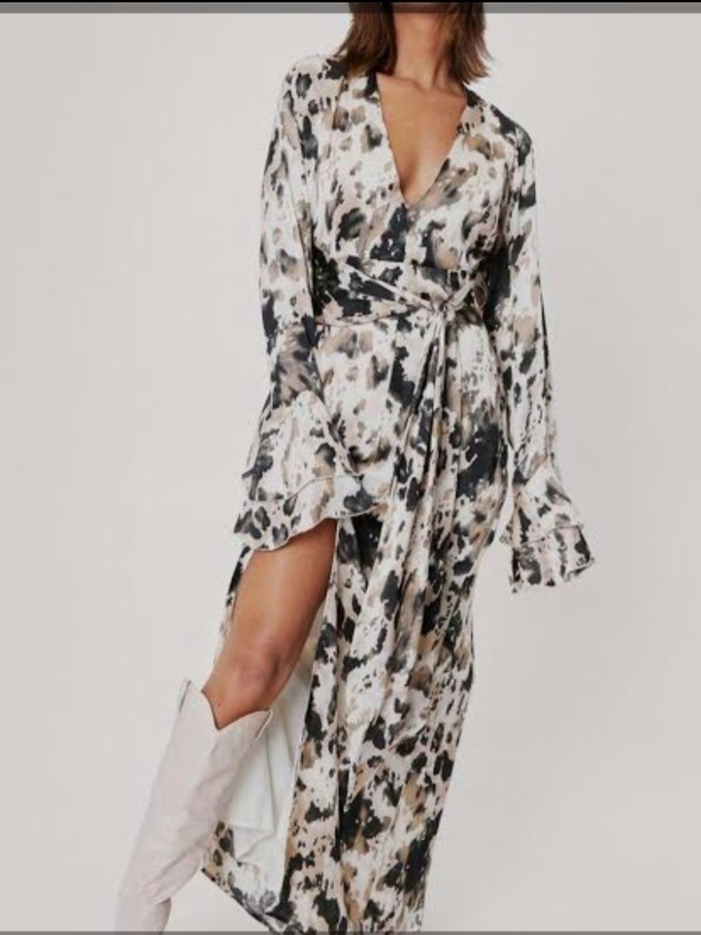 Nasty Gal Brown & Cream Animal-Print Wrap Dress